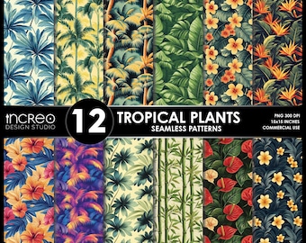 Tropical Plant Seamless Pattern Bundle: Palm & Hibiscus (Digital Download)