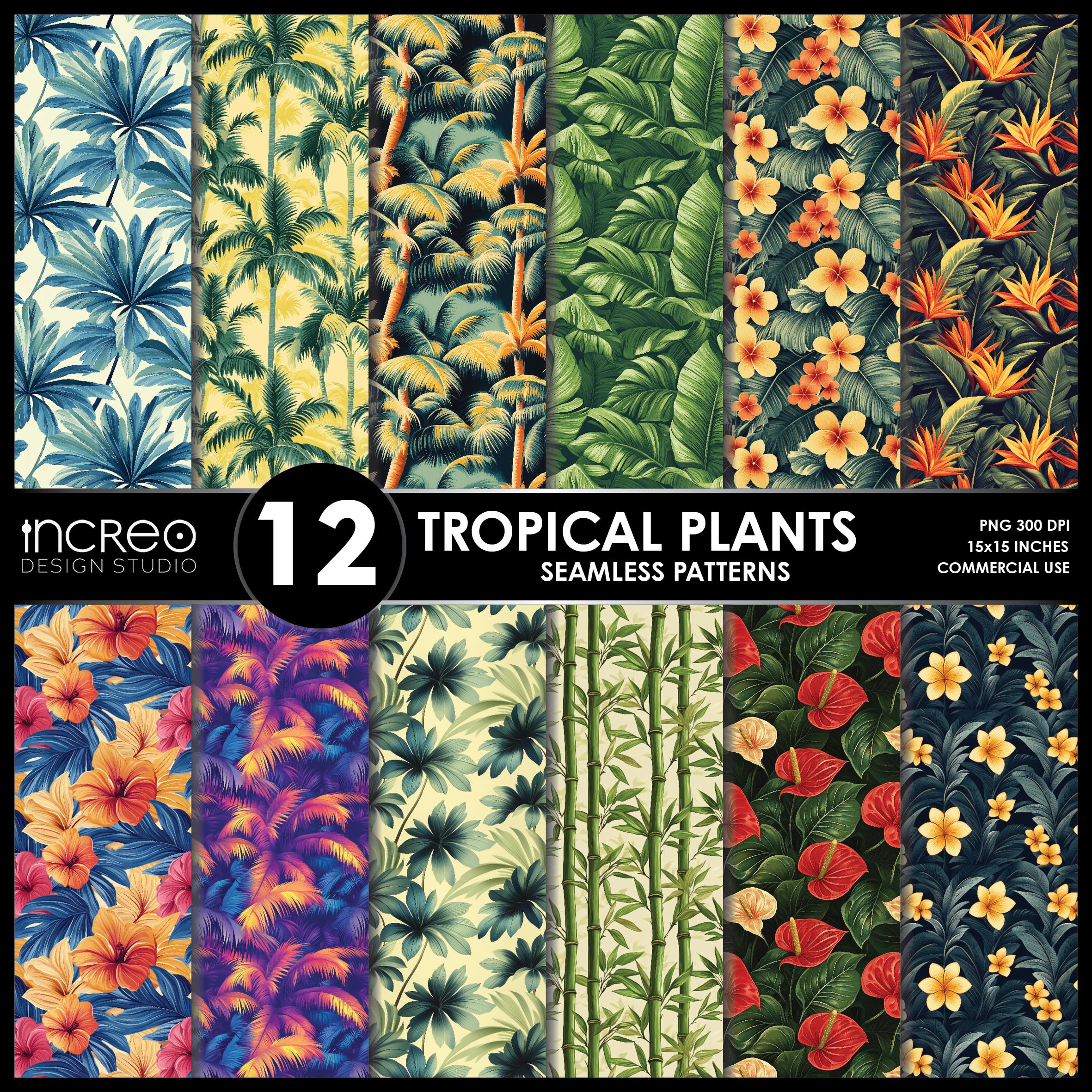 Tropical Wallpaper Seamless Pattern Bundle – 12 Palm Leaves & Hibiscus ...