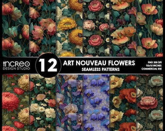 Art Nouveau Floral Patterns: Seamless Vintage Clipart (Commercial Use, Digital Download)