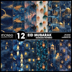 Könnte beinhalten: Eine Sammlung von 12 nahtlosen Mustern "Eid Mubarak". Die Designs zeigen Aquarellillustrationen von Moscheen, Laternen und Halbmonden in Blau-, Gold- und Türkistönen. Der Text "Eid Mubarak" und "Seamless Patterns" ist enthalten.