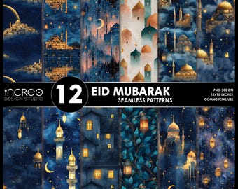 Eid Mubarak Seamless Patterns, Islamic Mosque Lantern Night Sky (Digital Download)