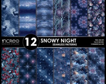 Snowy Night Winter Seamless Pattern Pack, Winter Scrapbooking Digital Paper, Christmas Snow Backgrounds