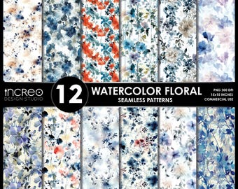 Watercolor Floral Seamless Patterns, Commercial Use (PNG Digital Papers)