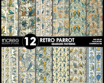 Retro Parrot Seamless Pattern Pack: Tropical PNG Designs (Digital Download)