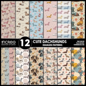 May include: A set of 12 seamless patterns showcasing adorable dachshunds in diverse designs. The patterns incorporate polka dots, stripes, and bone motifs. The image includes the text "12 Cute Dachshunds Seamless Patterns" and "15x15 inches", which is approximately 38x38 cm.