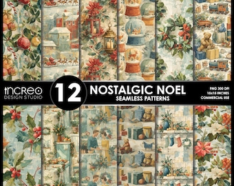 May include: A collection of 12 Nostalgic Noel seamless patterns. The patterns feature watercolor illustrations of Christmas scenes, including snow globes, poinsettias, and teddy bears. The image includes the text "Nostalgic Noel Seamless Patterns" and "15x15 inches".