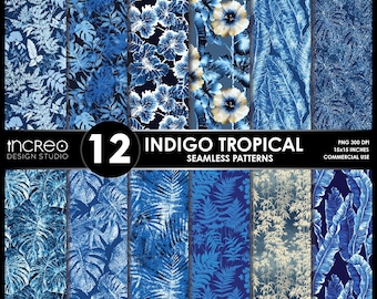 Indigo Tropical Seamless Patterns: Watercolor Floral Digital Paper (Commercial Use, Instant Download)