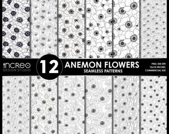 Anemone Flower Seamless Patterns: Black & White Floral Digital Paper (12 PNG)