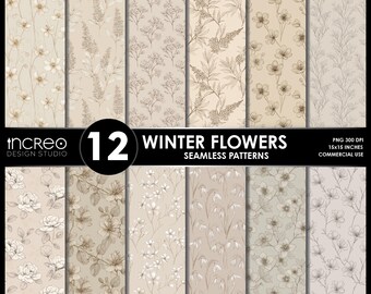 Pack de motifs sans couture de fleurs d'hiver, Papier numérique imprimé fleurs neutres, Arrière-plans d'hiver, Sublimation PNG