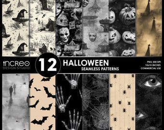 12 Halloween PNG Seamless Patterns, Vintage Gothic Digital Paper, Witch, Bat & Spiderweb Designs