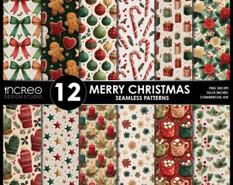 Christmas Seamless Patterns: Gingerbread, Poinsettia PNGs (Digital Download)