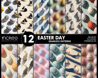 Easter Day Seamless Patterns, 3D Eggs Bunnies, Pastel Spring Digital Paper (12 PNG)
