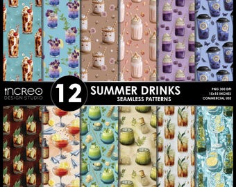 Summer Drinks Seamless Pattern: Cocktail Digital Paper (Instant Download, Commercial Use License)