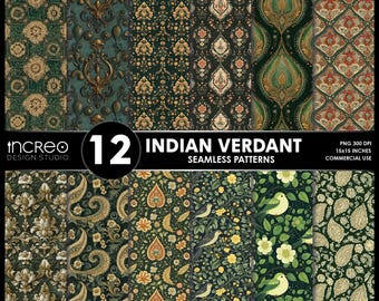 Mughal Garden Art Seamless Patterns, Verdant Indian Digital Paper (Instant Download)