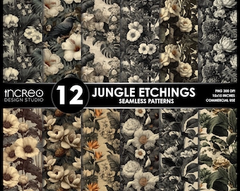Vintage Jungle Etchings Seamless Patterns: Botanical Art Digital Paper (12 PNG Designs) (Digital Download)