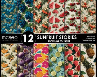 Sunfruit Stories Seamless Patterns, Vintage Botanical Fruit Digital Paper (12 PNG Files)