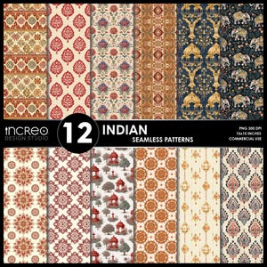 Indian Seamless Patterns, Mughal Paisley Elephant Art, Indian Wallpaper Digital Paper, Ethnic Boho Fabric Print, Commercial Use, 12 Designs