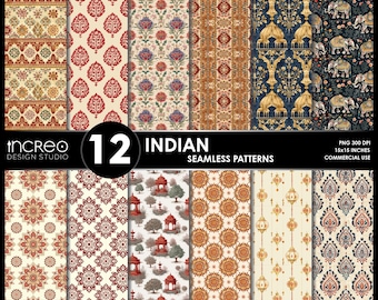 Indian Seamless Patterns, Mughal Paisley Elephant Art, Indian Wallpaper Digital Paper, Ethnic Boho Fabric Print, Commercial Use, 12 Designs