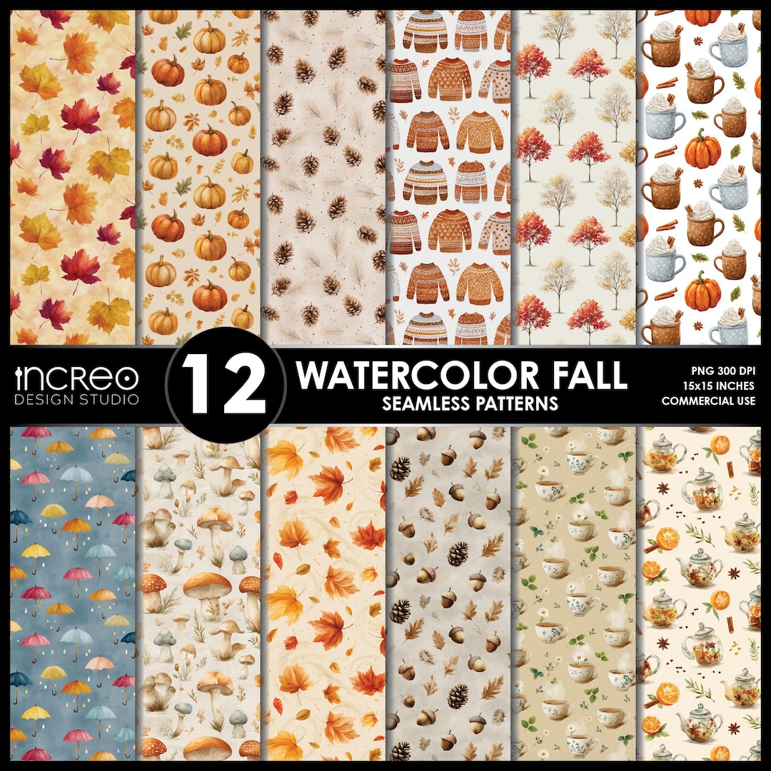 Watercolor Fall Seamless Pattern: Autumn Leaves Digital Paper (15x15in ...