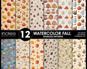 Watercolor Fall Seamless Pattern: Autumn Leaves Digital Paper (15x15in PNG) (Instant Download)