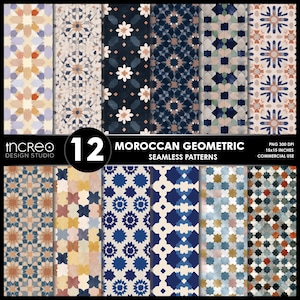 May include: A digital collection of 12 Moroccan geometric seamless patterns featuring diverse color palettes including navy, cream, blue, and terracotta. The image displays the text Increo Design Studio, 12 Moroccan Geometric Seamless Patterns, and 15x15 inches.