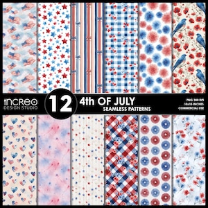 4th of July Seamless Patterns, Independence Day Digital Paper Pack, American Flag PNG Backgrounds, Commercial Use, Instant Download