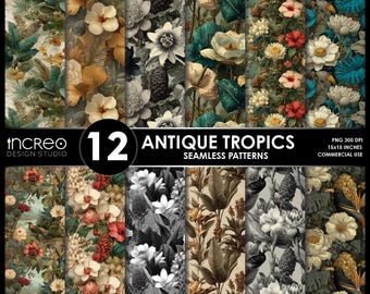 Vintage Tropical Digital Paper Pack: Seamless Botanical Patterns (Digital Download, Commercial Use PNGs)