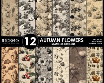 Autumn Floral Seamless Patterns: Vintage Fall Digital Paper (PNG Download)