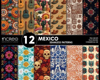 Mexico Seamless Patterns Pack, Folk Art, Skulls, Floral, Fiesta Designs (Digital Download)