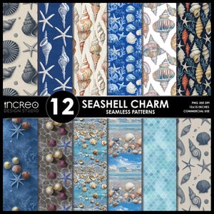 May include: A collection of 12 seashell-themed seamless patterns. The patterns feature various seashells, starfish, and ocean elements in shades of blue, beige, and brown. The text "SEASHELL CHARM" and "12 SEAMLESS PATTERNS" are visible.
