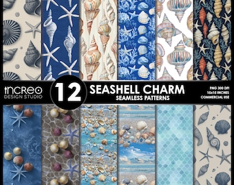 Seashell Seamless Pattern Pack: Beach Ocean Digital Papers (PNG, Instant Download)
