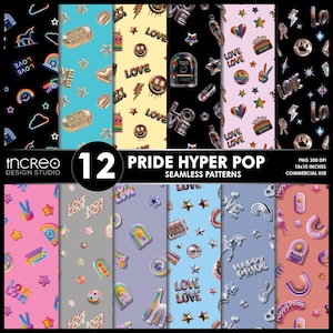 Könnte beinhalten: Eine Sammlung von 12 Pride Hyper Pop nahtlosen Mustern. Die Muster zeigen verschiedene Designs, darunter Regenbogen, Sterne, Herzen und das Wort "LOVE". Die Farbpalette umfasst Schwarz, Blau, Rosa und Gelb. Der Text "PRIDE HYPER POP" ist sichtbar.