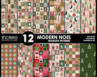 Modern Noel Christmas Seamless Pattern Pack, 12 PNG Sublimation Designs, Christmas Digital Paper Backgrounds