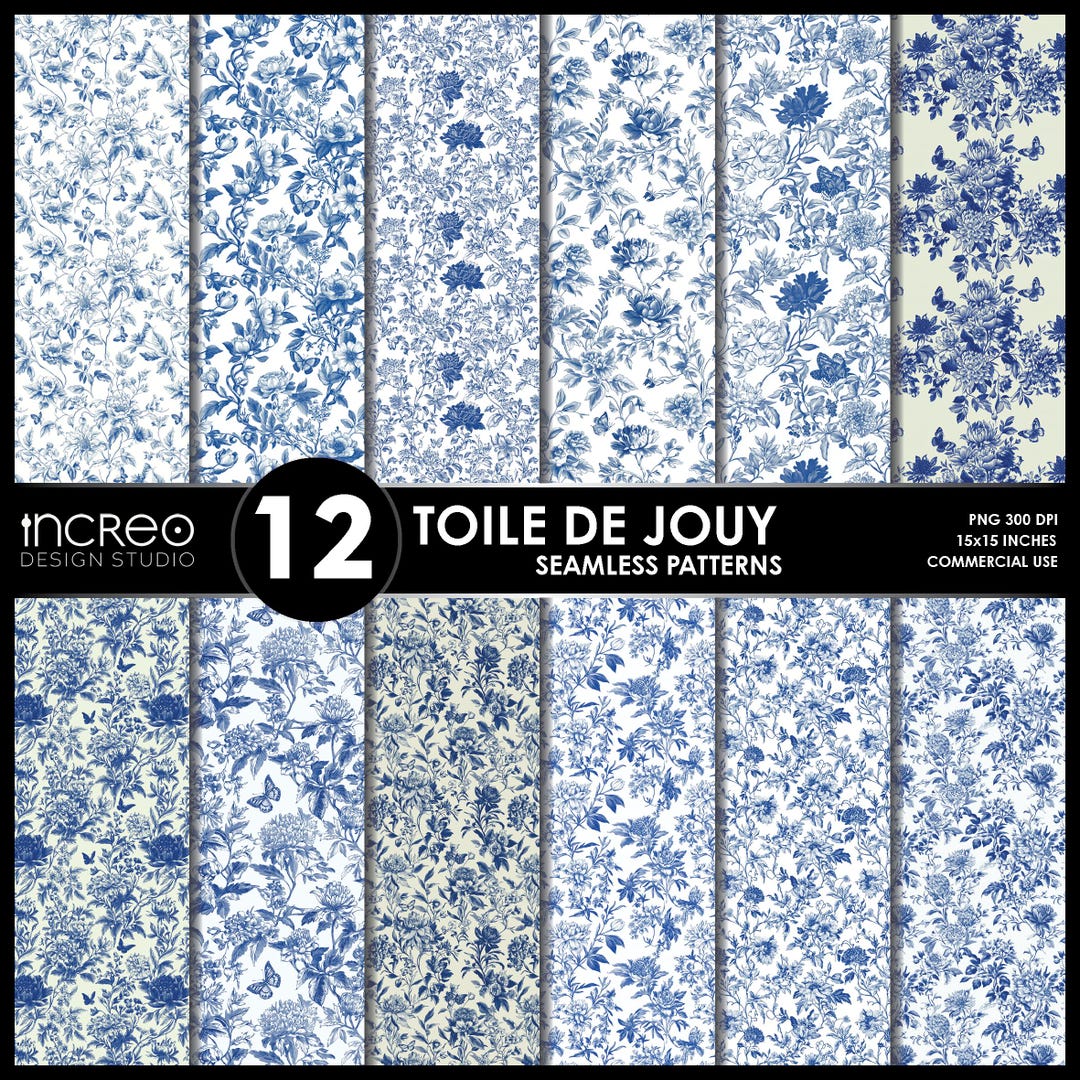 Blue Toile De Jouy Digital Paper: French Floral Seamless Patterns ...