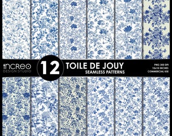 Blue Toile de Jouy Digital Paper: French Floral Seamless Patterns (Digital Download)