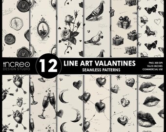Line Art Valentines Seamless Pattern Pack | Retro Romantic Valentines Day Digital Paper (12 PNG)