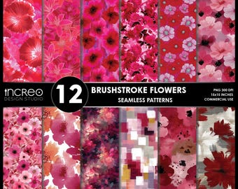 Red Brushstroke Flowers Seamless Patterns, Watercolor Flowers Digital Paper, Tumbler Wrap Backgrounds, Dollhouse Wallpaper