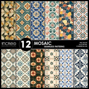 Puede incluir: Una colección de arte digital con 12 patrones de mosaico sin costuras. Los patrones muestran una variedad de diseños, incluyendo formas geométricas, motivos florales y composiciones abstractas. La paleta de colores incluye tonos de azul, verde, naranja y marrón. El texto "12 MOSAIC SEAMLESS PATTERNS" está incluido.