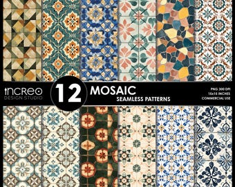 Mediterranean Tile Patterns: Seamless Mosaic Digital Paper (Instant Download PNGs)