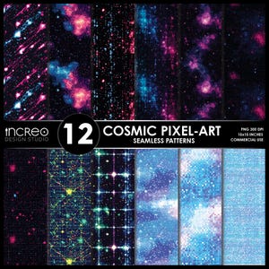 May include: A set of 12 cosmic pixel-art seamless patterns. The designs showcase space-themed graphics in blue, pink, and purple hues. The image includes the text "COSMIC PIXEL-ART SEAMLESS PATTERNS" and "15x15 INCHES".