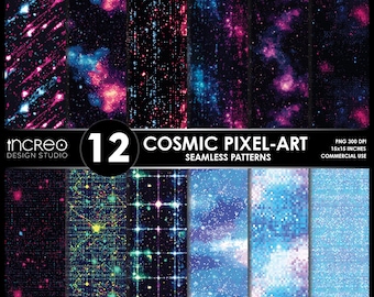 Cosmic Pixel-Art Seamless Patterns Bundle – 12 Retro Synthwave Cyberpunk Digital Backgrounds, Instant Download