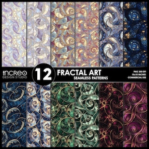 May include: Twelve digital seamless patterns featuring fractal art in various colors, including blue, green, purple, and gold. The patterns are 15 inches by 15 inches and 300 DPI.