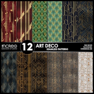 Art Deco Wallpaper Digitale Muster, 12 nahtlose Gatsby 1920er Jahre Hintergründe, Artdeco Geometrisch Gold Schwarz Papier für Handwerk, kommerzielle Nutzung