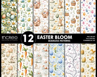 Easter Bloom Watercolor Seamless Patterns, Easter Eggs, Bunnies, Daisies (12 PNG Digital Paper)