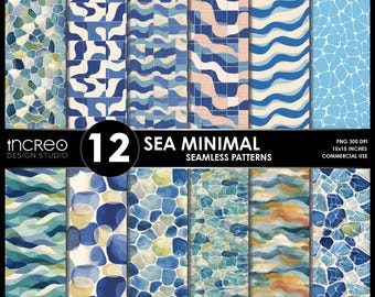 12 Sea Minimal Seamless Patterns, Coastal Wave & Tile Digital Paper (PNG)
