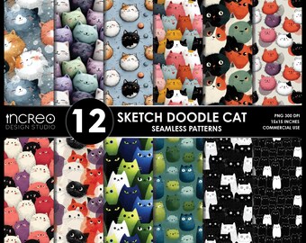 Doodle Cat Wallpaper: 12 Seamless Pattern Digital Papers (PNG Download)
