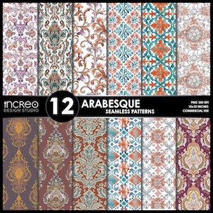 May include: A collection of 12 arabesque seamless patterns in various colors, including teal, orange, and purple. The patterns feature floral and geometric designs. The image includes the text "tncreo DESIGN STUDIO" and "12 ARABESQUE SEAMLESS PATTERNS".