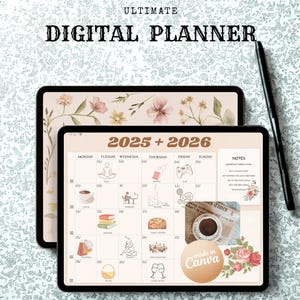 Digitaler Planer 2025 & 2026 Deutsch / Kalender für GoodNotes / Digitales Bullet Journal iPad / 1000 Sticker inklusive
