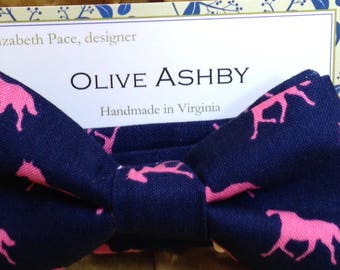 Horse bow ties for boys and men, suspenders, pocket squares in navy with pink or green and white horses for the Derby or Equestrian