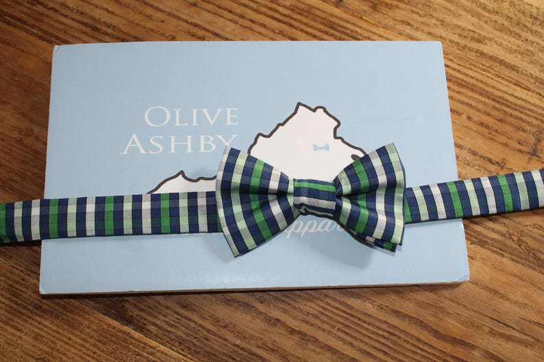 Plaid bow ties and pocket squares for boys and men School Yard Plaid, Navy and Blush Plaid, Sorbet and Cotton Candy image 2